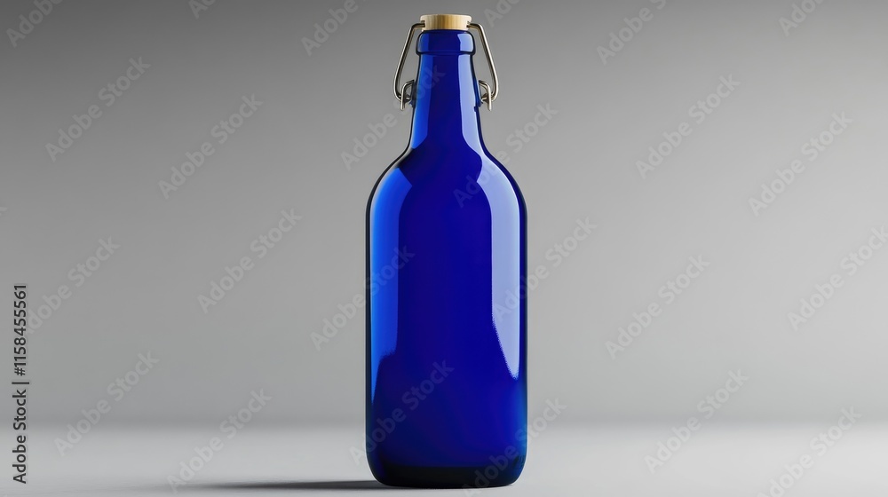 Poster a glossy blue beer bottle with a blank label, isolated against a grey background, perfect for showca