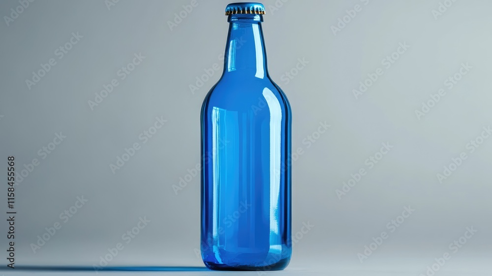 Poster a glossy blue beer bottle with a blank label, isolated against a grey background, perfect for showca