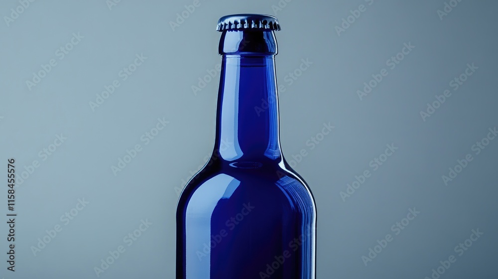 Poster a glossy blue beer bottle with a blank label, isolated against a grey background, perfect for showca