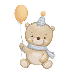 Cute bear with balloon, watercolor hand drawn isolated illustration
