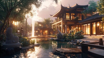 Obraz premium Tranquil garden scene featuring traditional architecture and a serene water feature.