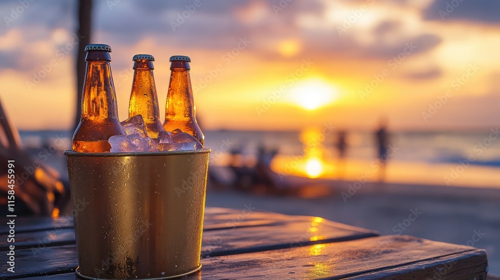 Poster a group of chilled beer bottles in a golden ice bucket, resting on a wooden table with a blurry beac