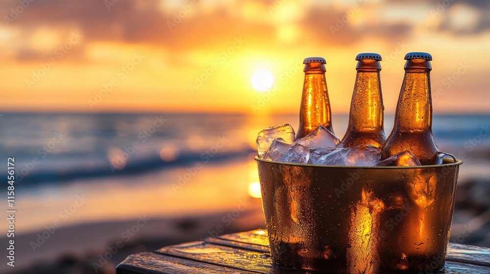 Poster a group of frosty beer bottles in a golden ice bucket, sitting on a dark wooden table with a blurred