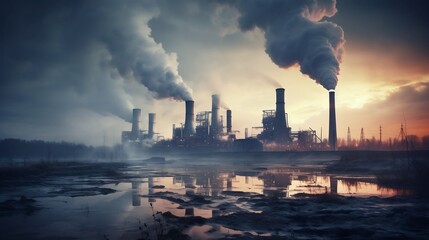 Smoke Stacks of a Thermal Power Plant Releasing Emissions into the Atmosphere Highlighting Industrial Pollution and Environmental Impact