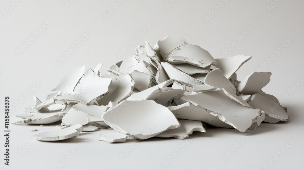 Poster a heap of shattered ceramic pieces, captured in a side view, showcasing intricate details of broken 