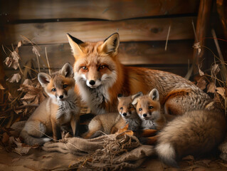 Naklejka premium Cozy Fox Family Nestled in Warm Den
