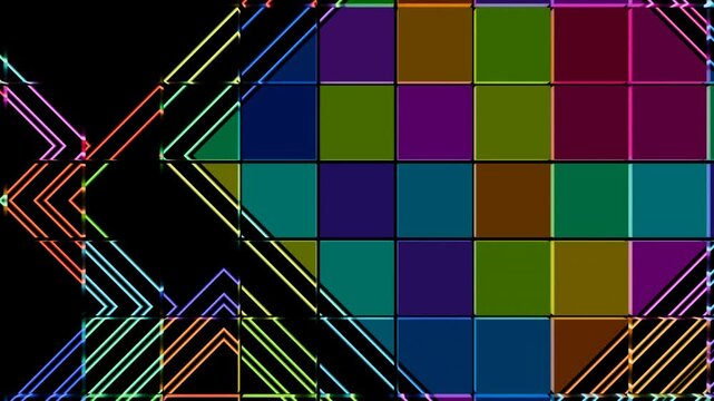 Vibrant geometric patterns dance in sync with electronic beats at night