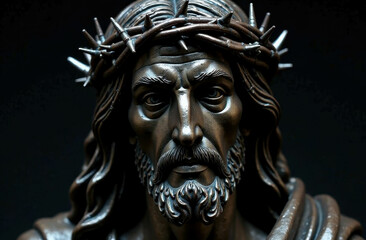 On a dark background is depicted the face of Jesus with a crown of thorns, made of metal. Emphasis on minimalism and modern artistic execution.