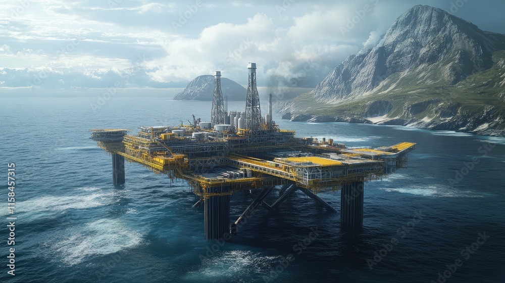 Poster a large ocean platform engaged in carbon capture and storage, surrounded by open water and rugged co
