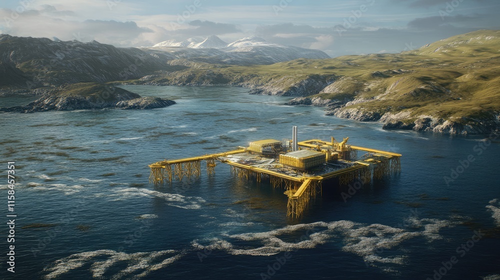 Poster a large ocean platform engaged in carbon capture and storage, surrounded by open water and rugged co