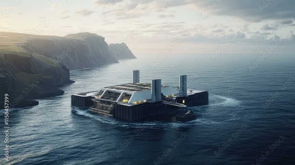 Poster a large ocean platform engaged in carbon capture and storage, surrounded by open water and rugged co