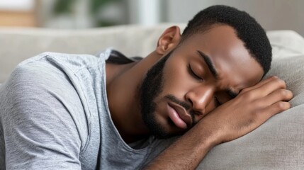 Tired individual resting on couch, reflecting on life's challenges and the need for relaxation and rejuvenation.