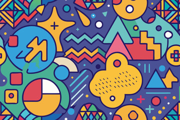 Modern vibrant seamless pattern of geometric doodles and abstract textures.
