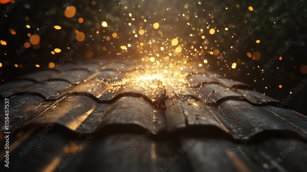 Poster a luminous void breaking through a ceramic roof tile, sending shards of bright light scattering acro