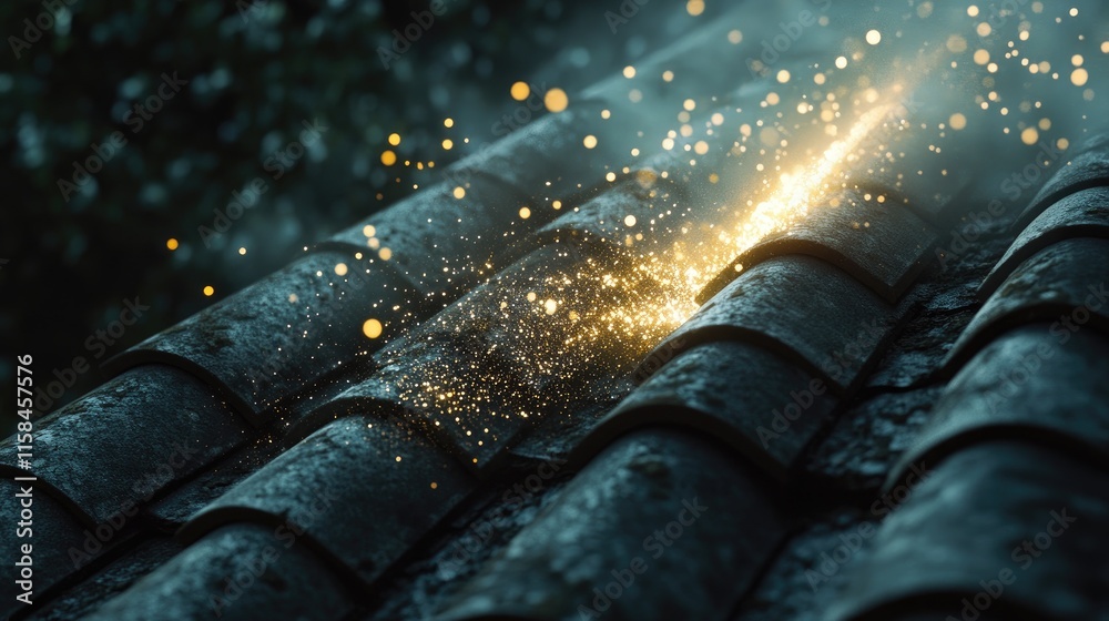 Aufkleber a luminous void breaking through a ceramic roof tile, sending shards of bright light scattering acro