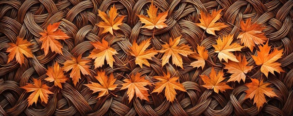 Fototapeta premium Maple leaves abstract background idea. Vibrant autumn leaves arranged on a woven background, showcasing nature's beauty.