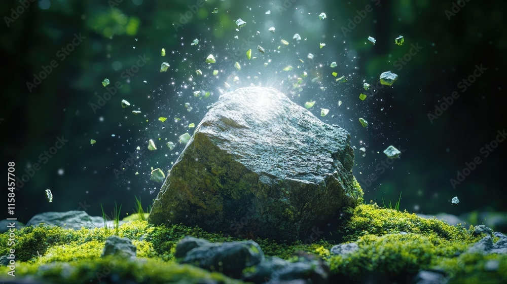 Poster a luminous white void breaking through a mossy rock, scattering pieces of rock and moss, creating an