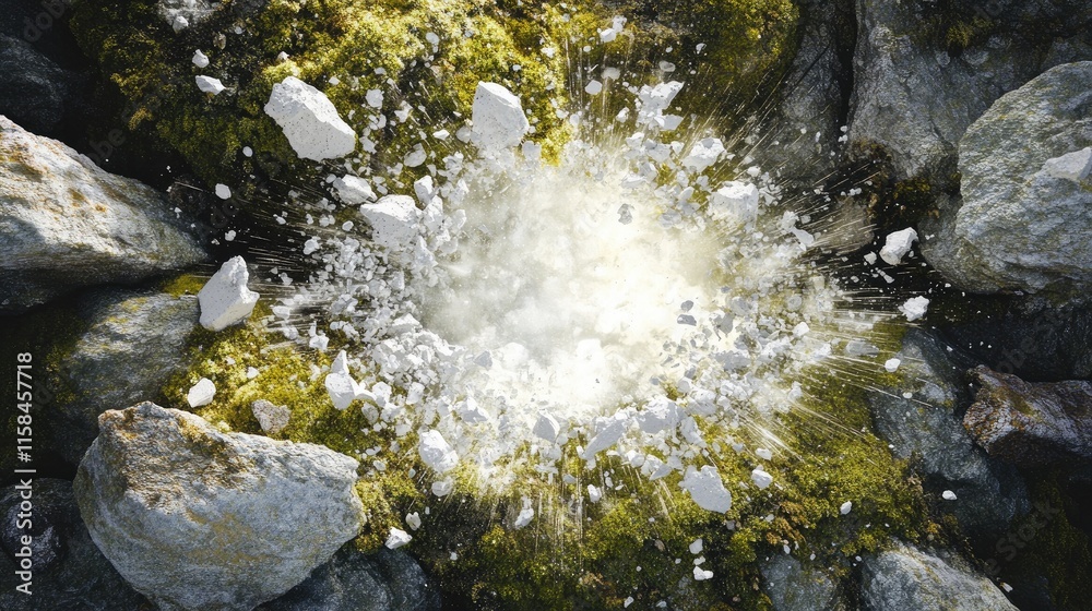 Poster a luminous white void breaking through a mossy rock, scattering pieces of rock and moss, creating an