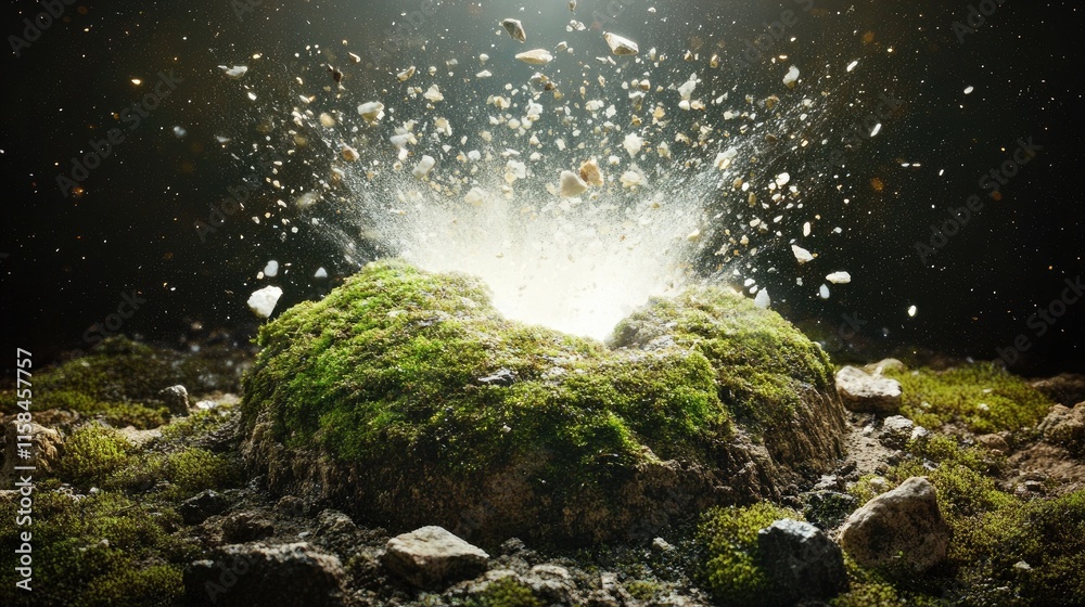 Poster a luminous white void breaking through a mossy rock, scattering pieces of rock and moss, creating an
