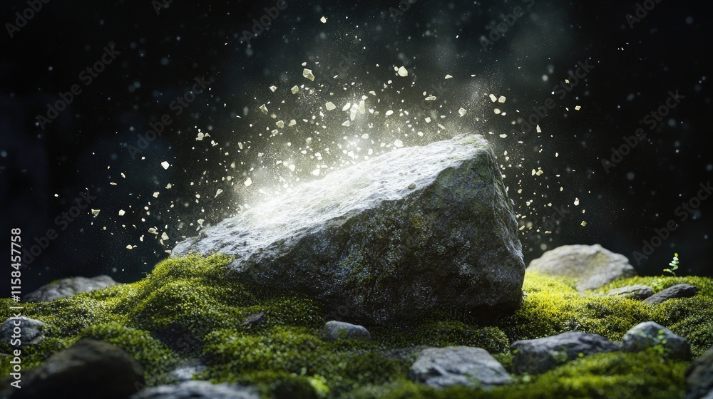 Poster a luminous white void breaking through a mossy rock, scattering pieces of rock and moss, creating an