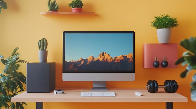 Neat desk setup featuring dumbbells and free space for decoration