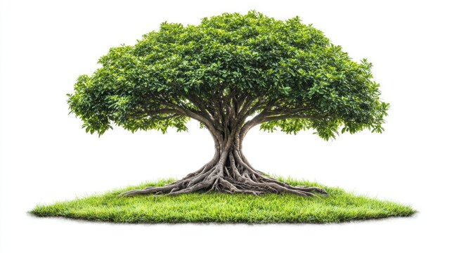 A lush banyan tree with thick roots standing on vibrant green grass, isolated against a clean white backdrop for a minimalist and natural effect