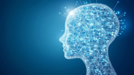 A digital head composed of glowing interconnected lines and points, symbolizing artificial intelligence, neural networks, and future technology.