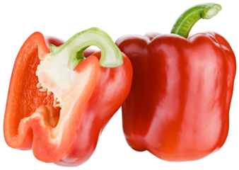Red bell pepper sweet and cut in half isolated on a transparent background. Completely in focus. Focus stacking.