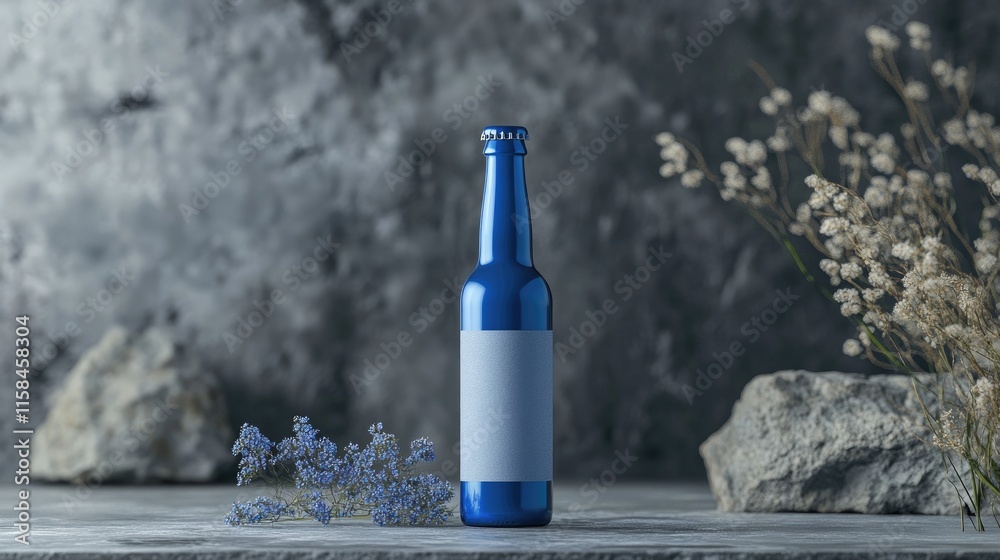 Poster A minimalist blue beer bottle mockup with an empty label, placed on a grey backdrop, perfect for showcasing custom designs or product concepts