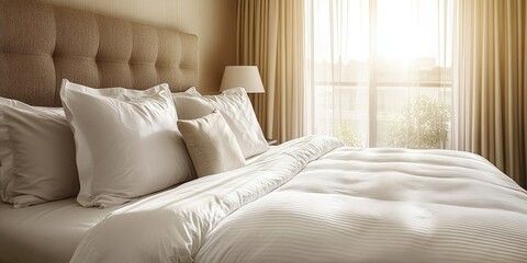 A rejuvenating hotel room featuring a bed adorned with plush pillows and gentle sheets, providing a comforting and relaxing atmosphere for guests to unwind.