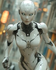 Futuristic female robot in city. (1)