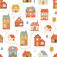 Obraz premium Cute cottages, countryside houses seamless pattern with doodles for prints, wallpaper, scrapbooking, backgrounds, wrapping paper, textile, etc. EPS 10