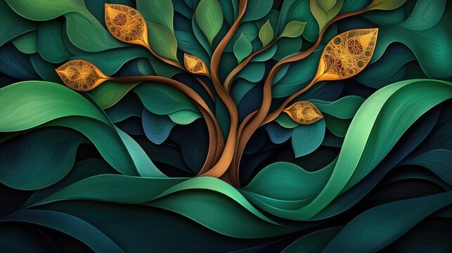 Elder tree abstract background concept. A vibrant abstract tree design with intricate green and yellow leaves and swirling waves.