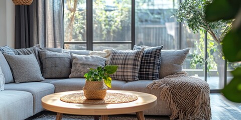Modern open space interior featuring a modular sofa, complemented by a wooden coffee table and large window. The cozy decor includes patterned pillows, a braided plaid, stylish lamp, plants, and