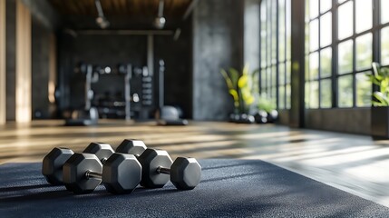 3D visualization of dumbbells placed on the floor in a stylish fitness room with training gear in the background