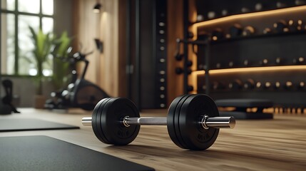 3D visualization of dumbbells placed on the floor in a stylish fitness room with training gear in the background