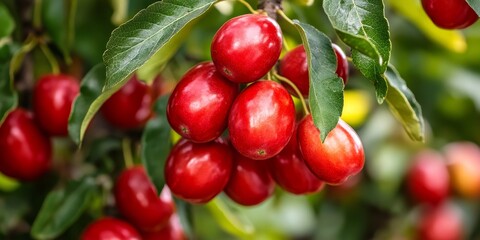 Obraz premium Close up of vibrant red jujube showcasing its tasty appearance, with the tree providing a beautiful backdrop, highlighting the delicious qualities of the red jujube.