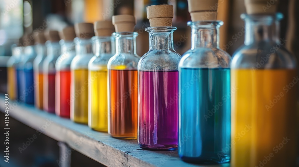 Poster A neat row of glass jars filled with brightly colored liquids, each one showcasing its unique hue and texture, creating a vibrant and artistic display