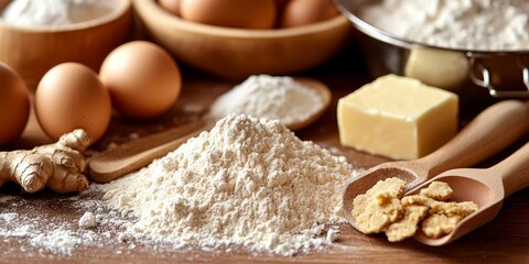 Ingredients for baking cookies are artfully arranged on a kitchen table, featuring flour, eggs, sugar, ginger, and butter, perfect for creating homemade cookies. Ideal for baking enthusiasts.