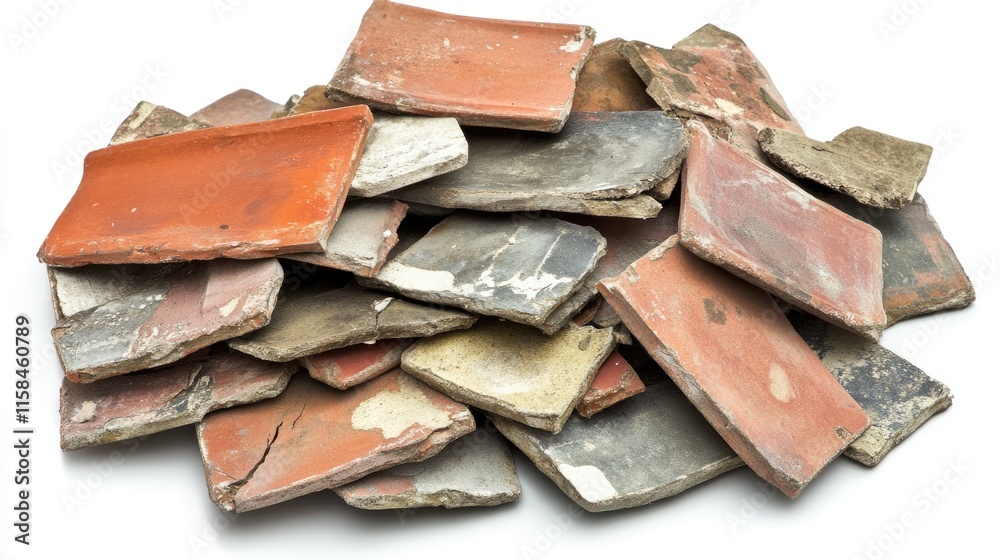 Poster a pile of broken ceramic roof tiles with visible imperfections and rough edges, placed on white, cap