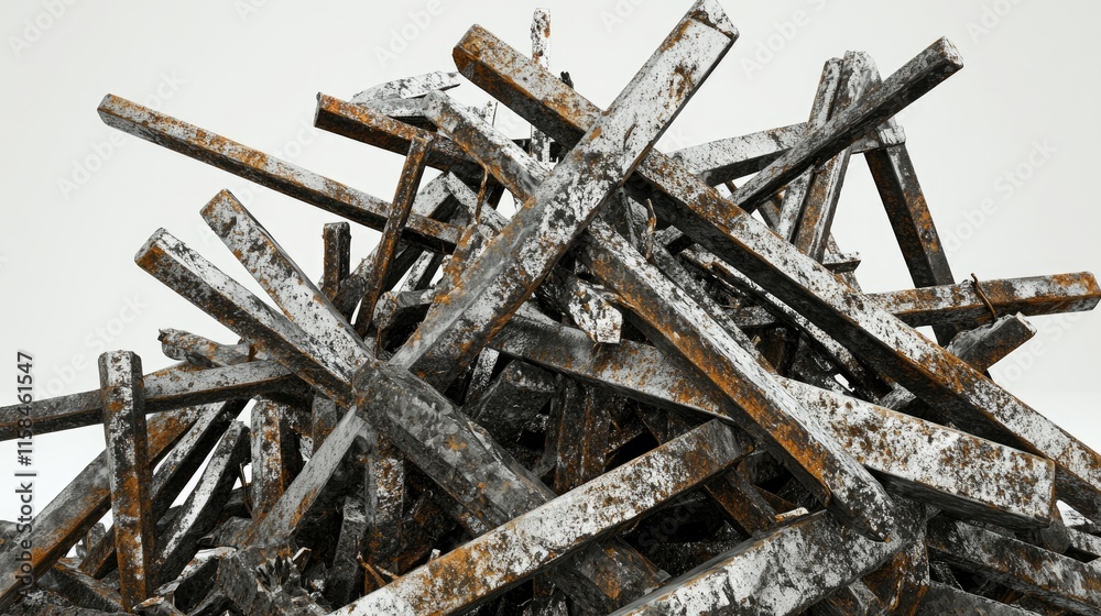 Poster a pile of twisted metal rods and jagged shards, with sharp details and contrasting textures, arrange