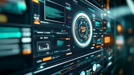 Fototapeta premium A futuristic digital interface with glowing elements, data displays, and circular graphics, illustrating advanced technology and information processing.