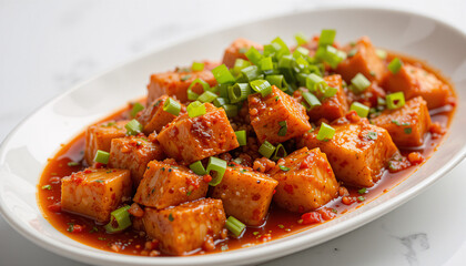 Fototapeta premium A steaming plate of Sichuan-style Mapo Tofu, featuring silky tofu cubes immersed in a rich, fiery red chili and fermented bean paste sauce. 