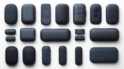 A collection of black, minimalist tech accessories and cases arranged neatly, showcasing sleek designs and varying shapes.