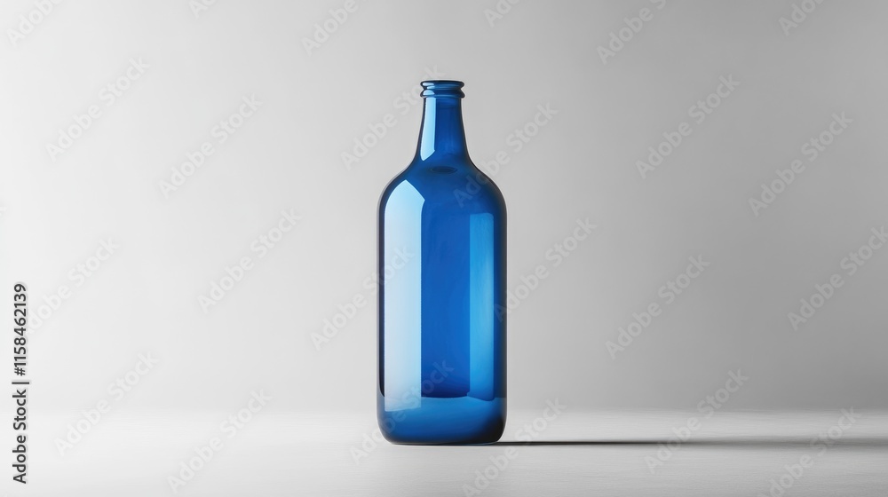 Poster a polished blue beer bottle with a blank label, elegantly positioned on a smooth grey background, id
