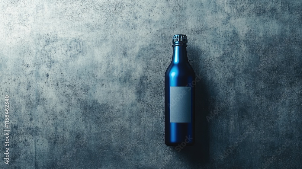 Poster a polished blue beer bottle with a blank label, elegantly positioned on a smooth grey background, id
