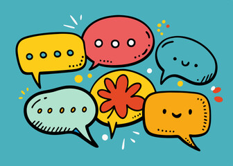 Colorful speech bubbles with whimsical doodles in hand-drawn artistic style.

