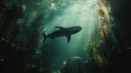 Fototapeta premium A serene underwater scene featuring a whale shark amidst vibrant marine life and kelp.