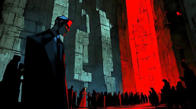 Man in suit at a dark, ominous gathering before a red chasm.