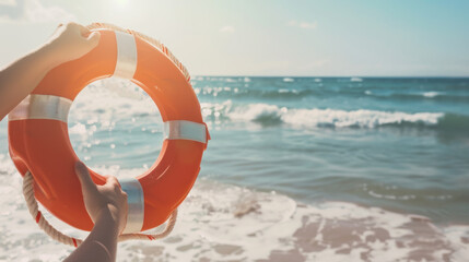 Obraz premium Lifebuoy Held Against Sunny Seaside Background